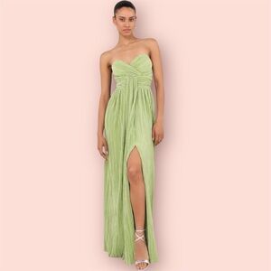Lulu’s • Oswin Lime Green Satin Plisse Strapless Maxi Dress